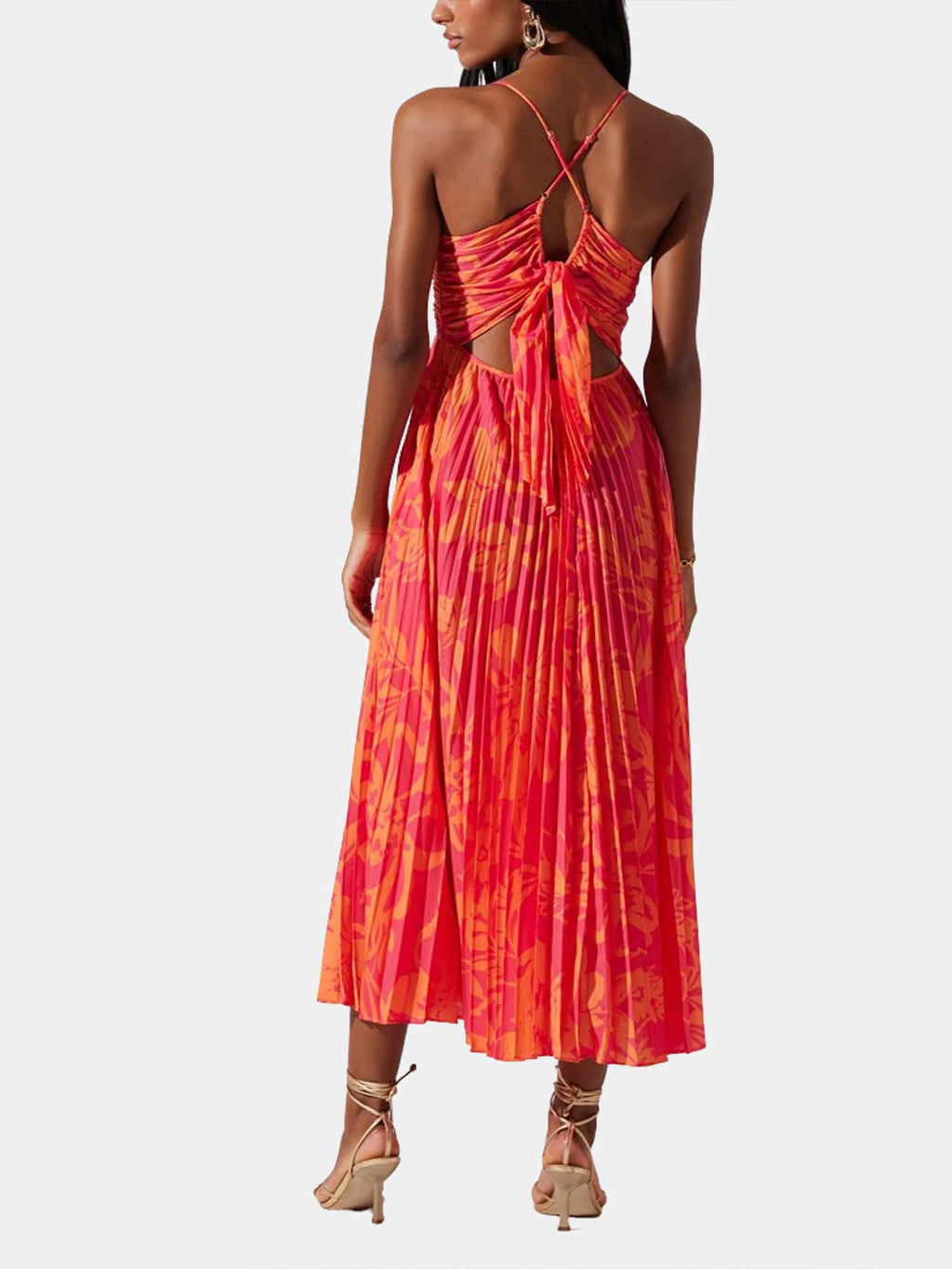 Coral Glow Pleated Midi Dress