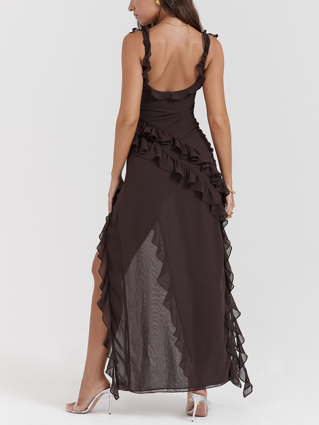 Brown Ruffled Cutout Maxi Dress with High Slit