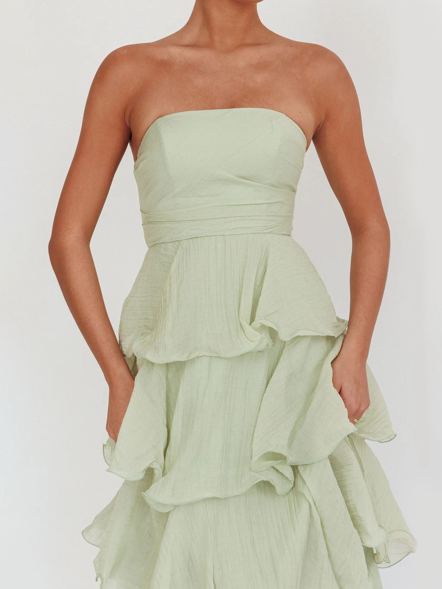 Light Green Strapless Tiered Midi Dress