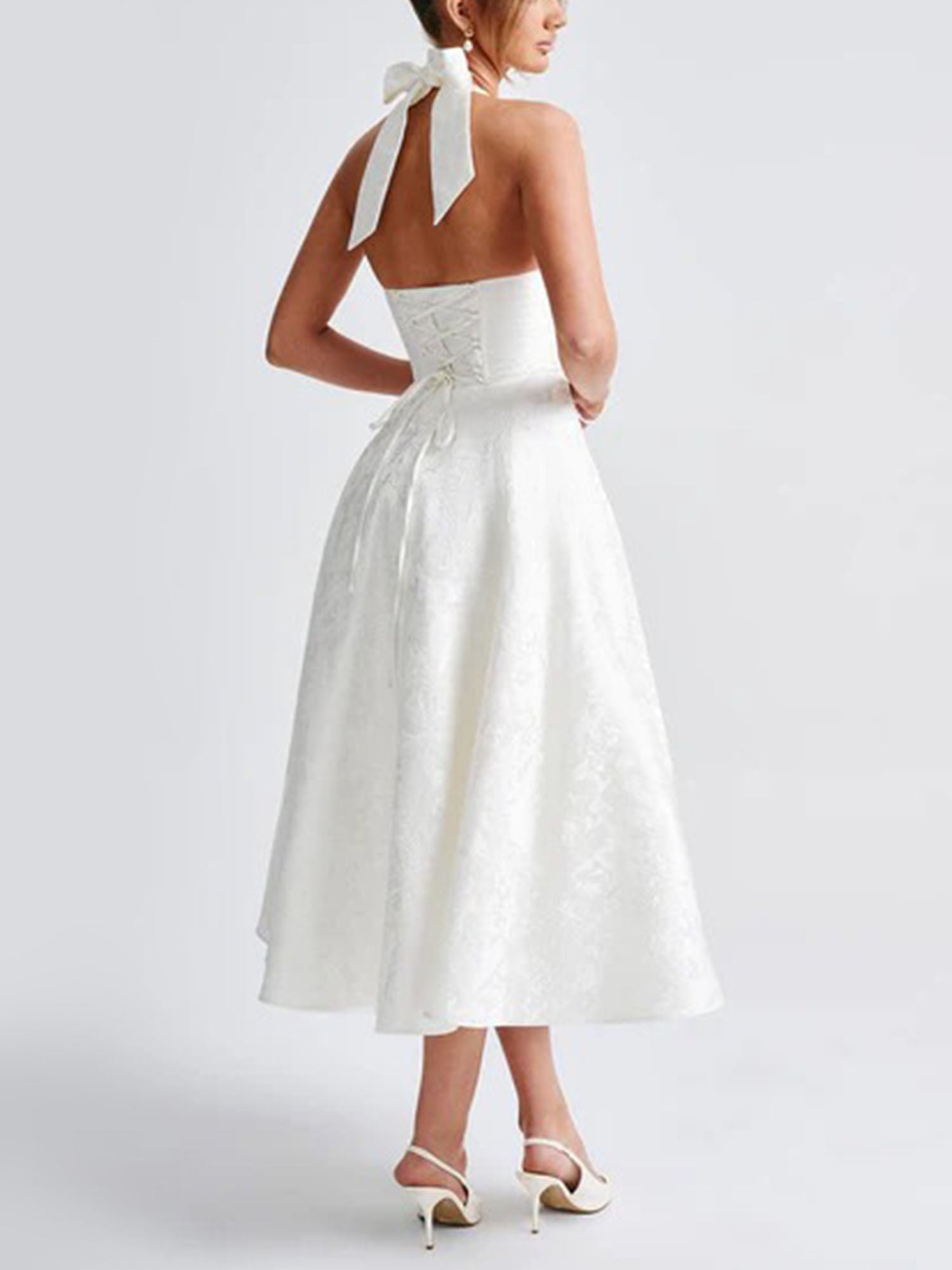 White Halter Flared Midi Dress
