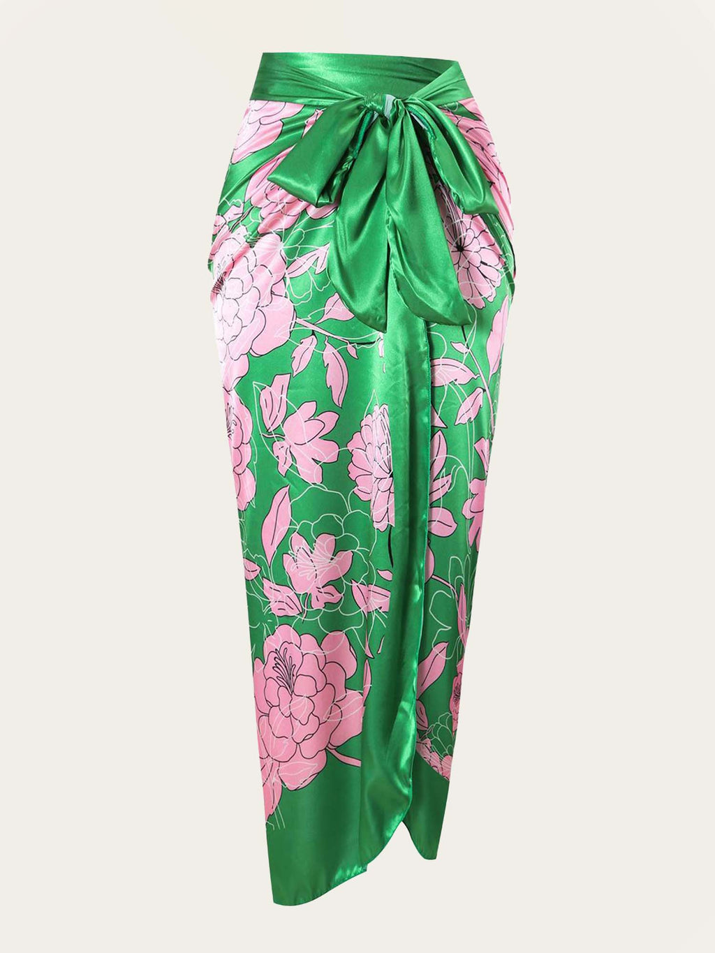 Green Floral Satin Beach Cover-Up