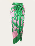Green Floral Satin Beach Cover-Up