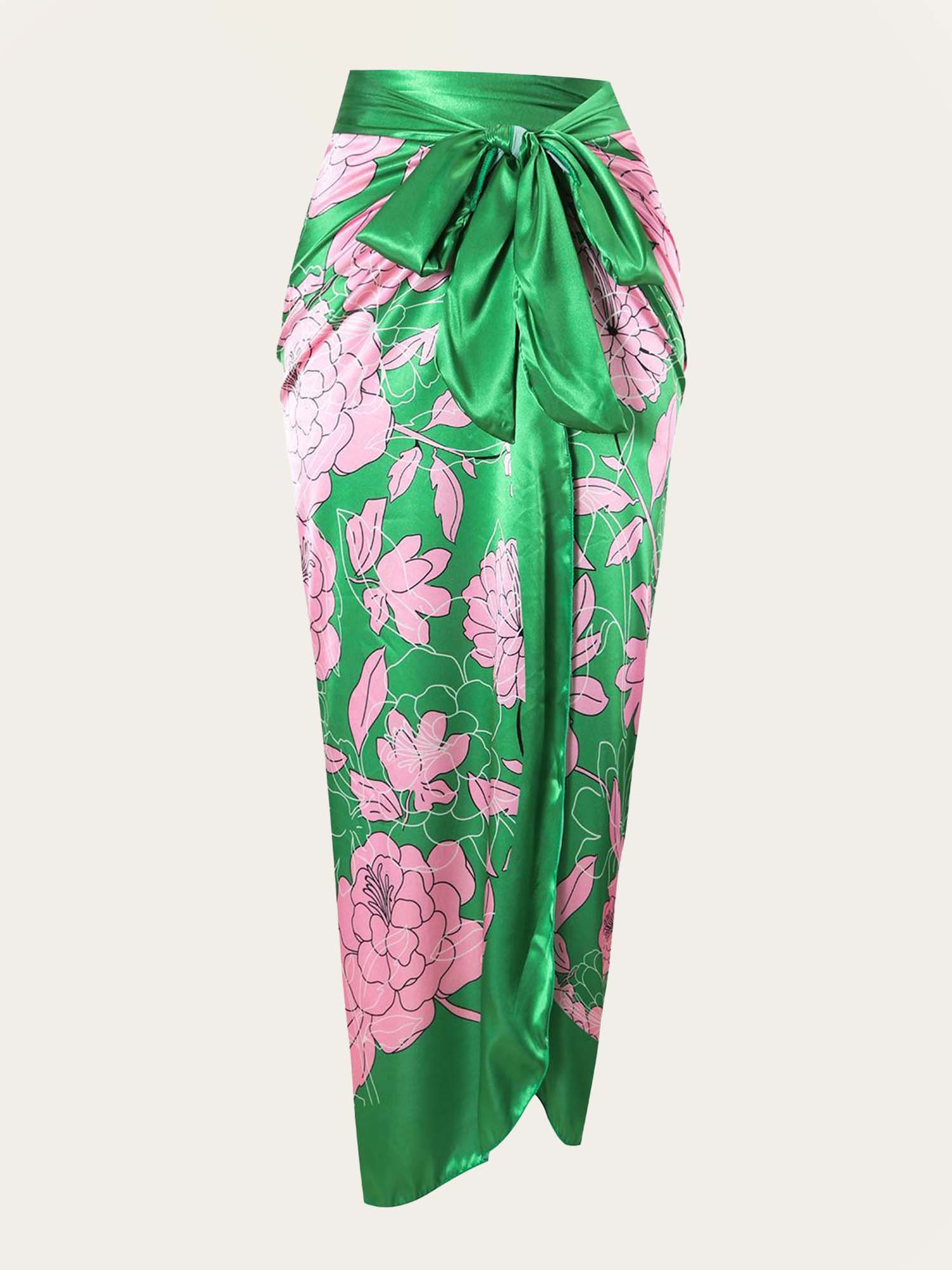 Green Floral Satin Beach Cover-Up