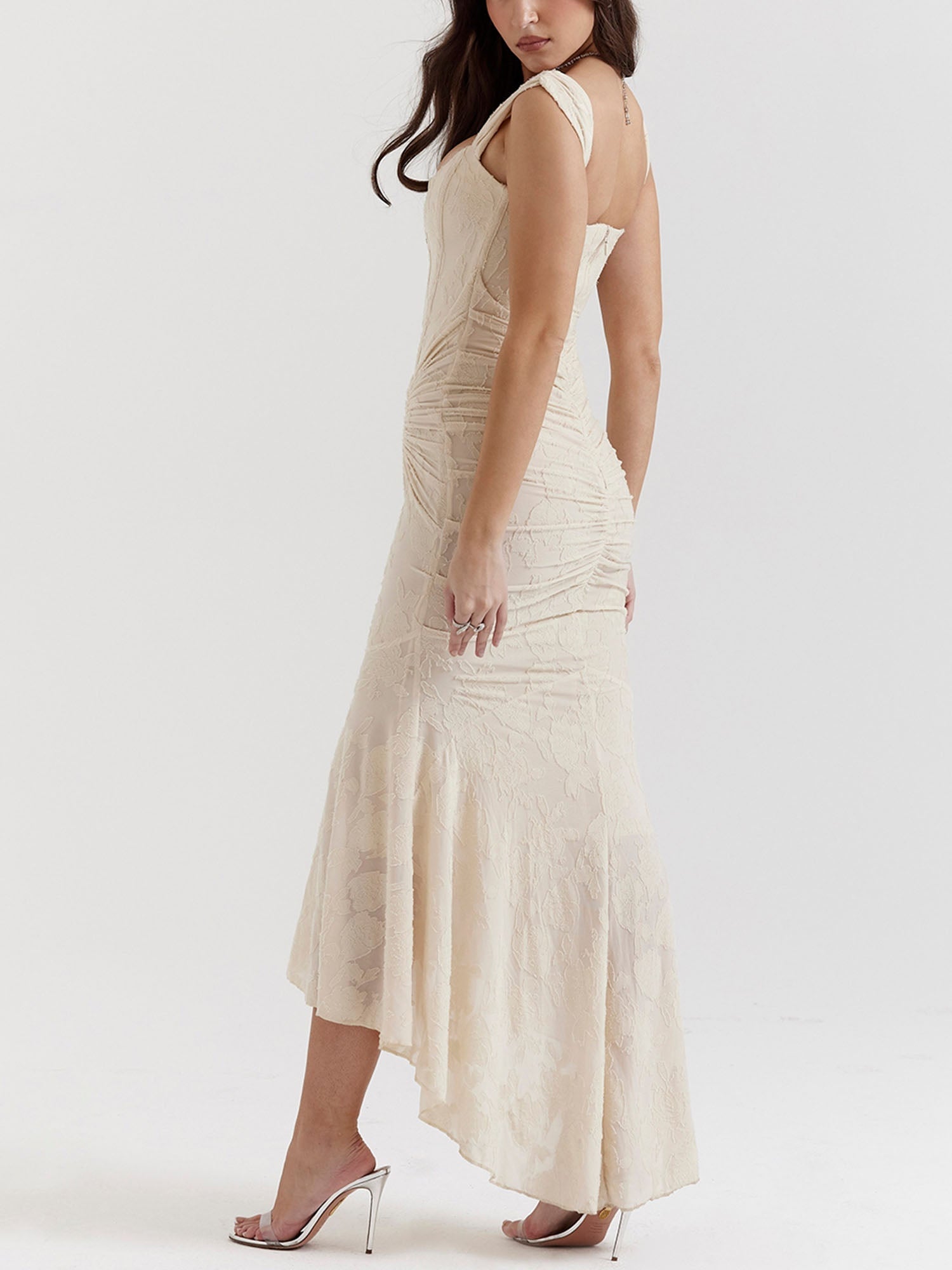 Beige Textured Asymmetrical Midi Dress