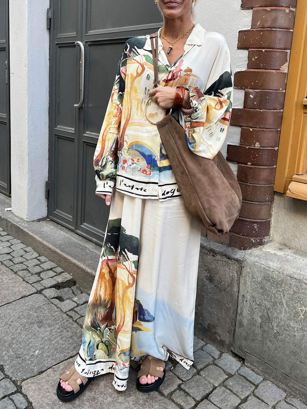 Artful Print Wide-Leg Pants