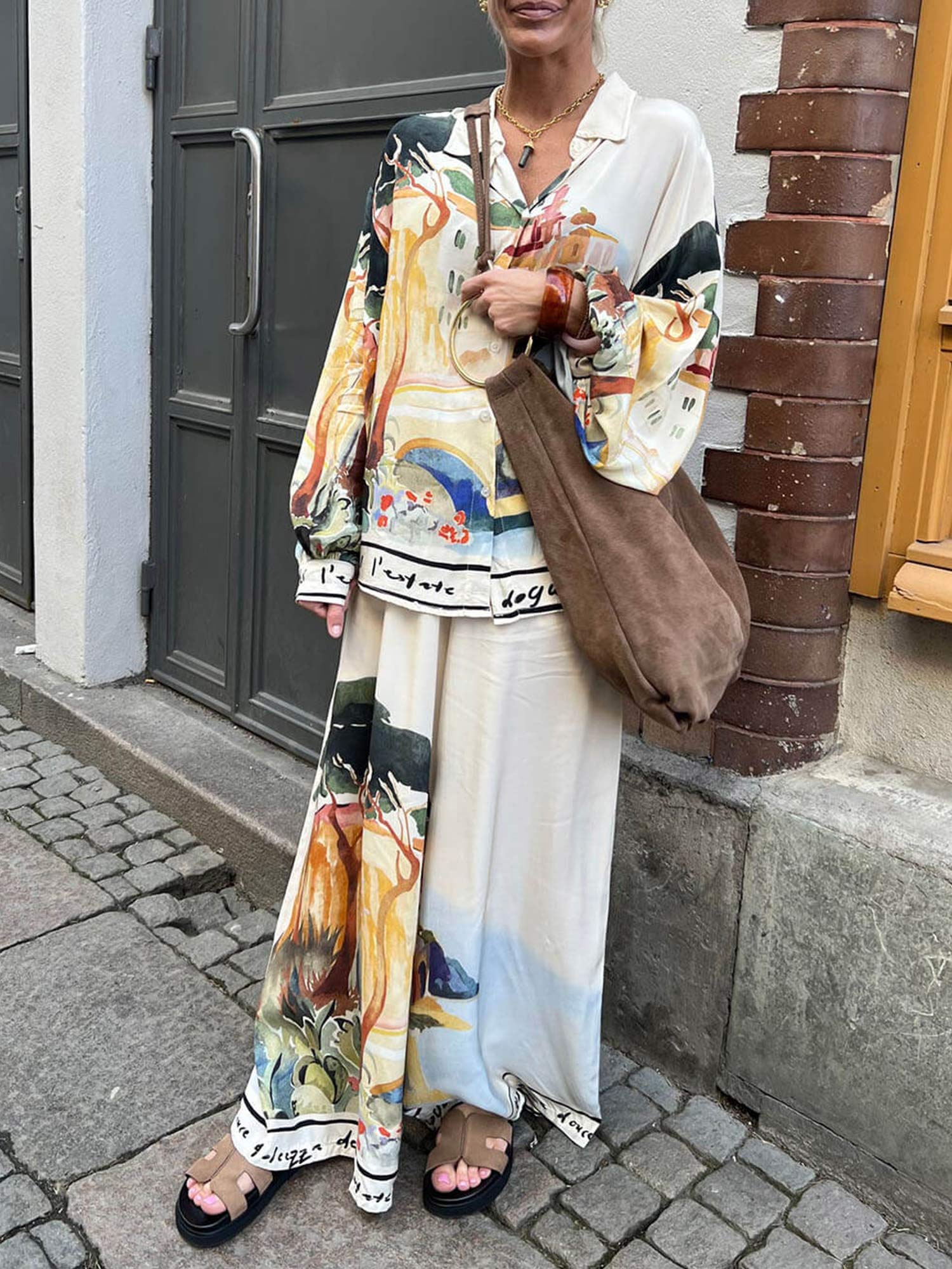 Artful Print Wide-Leg Pants