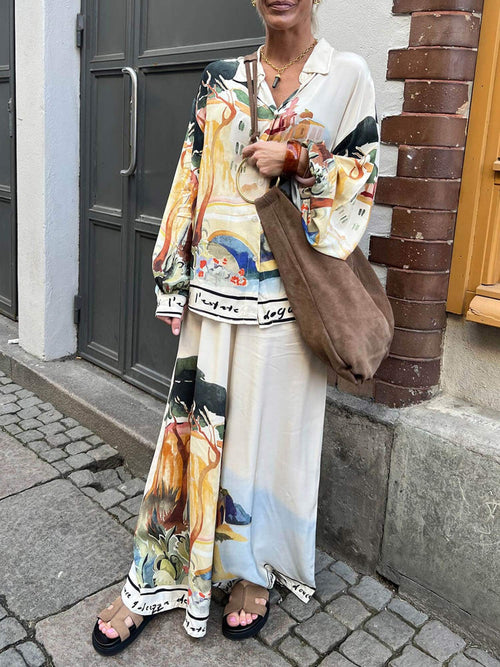 Artful Print Wide-Leg Pants