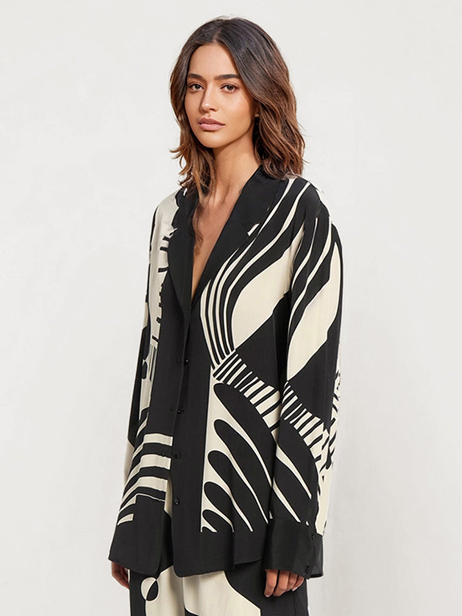 Abstract Black and White Print Wide-Leg Pants