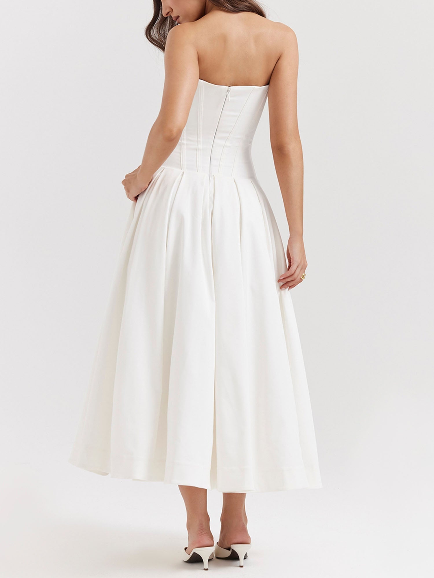 White Strapless Fit-and-Flare Midi Dress