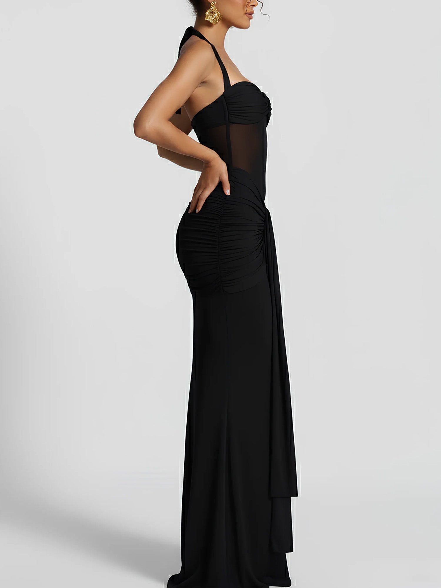 Yellow Draped Halter Maxi Dress Sheer Elegance