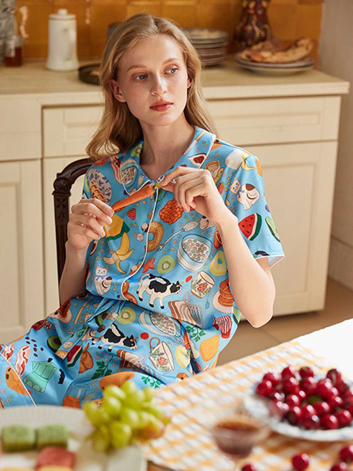 Cartoon Breakfast Print Pajama Set