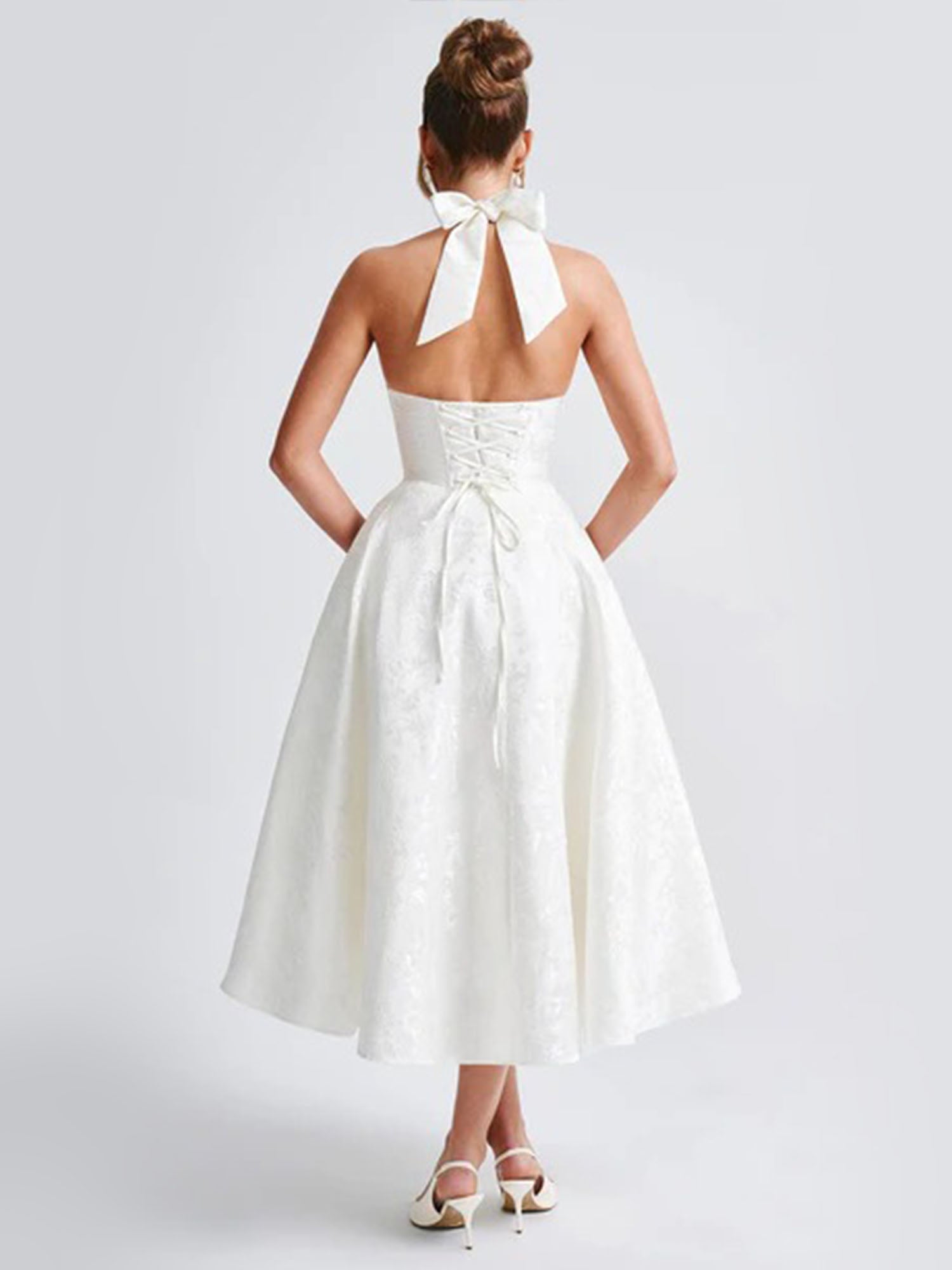 White Halter Flared Midi Dress
