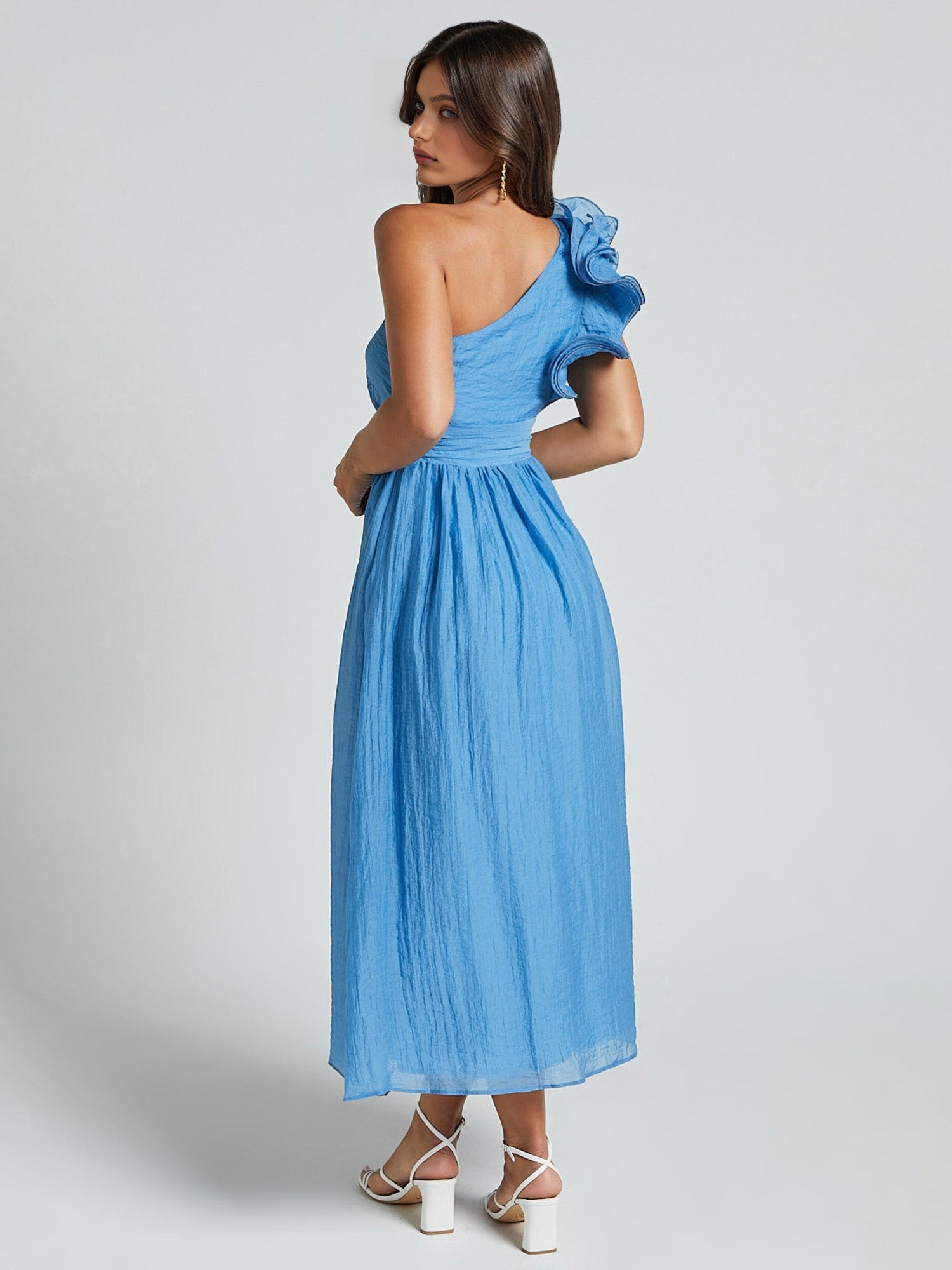 One-Shoulder Ruffle Accent Midi Dress