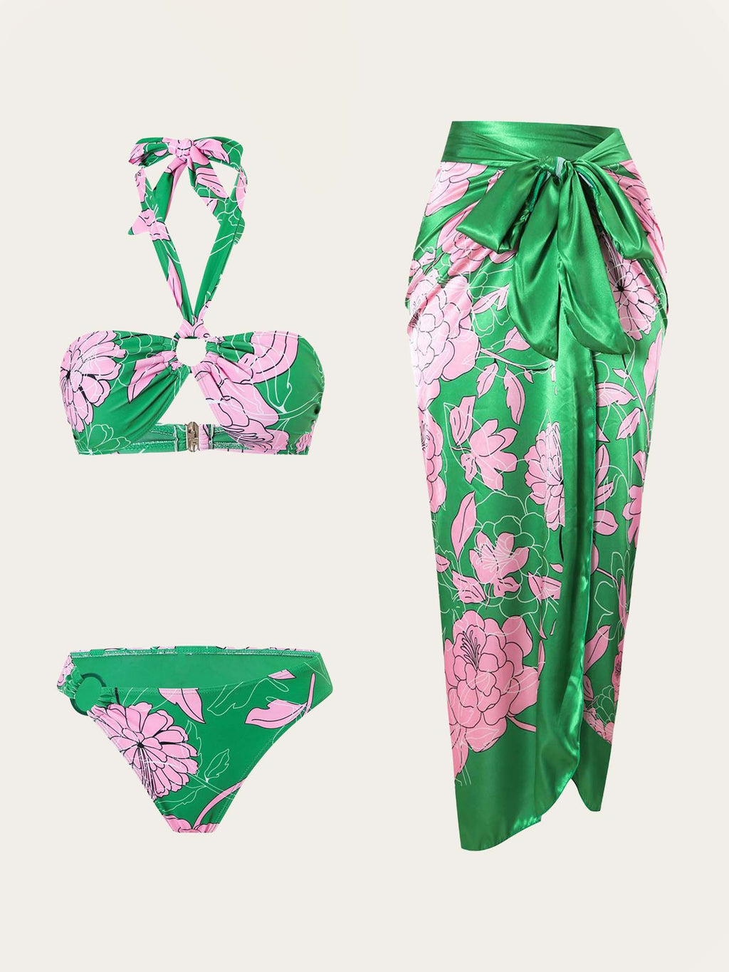 Green Floral Halter Neck Bikini Set