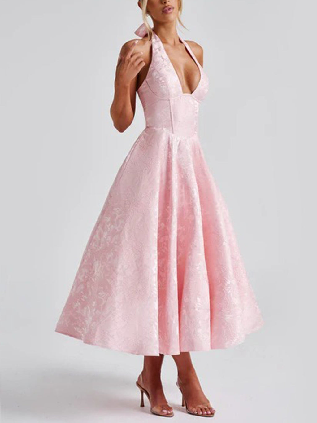 Pink Halter Flared Midi Dress