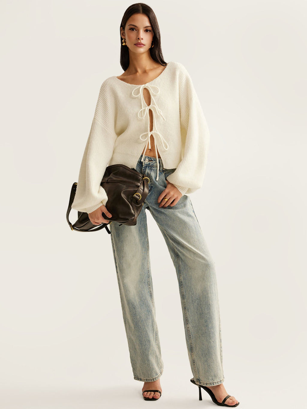 White Knit Sweater with Bow Details
