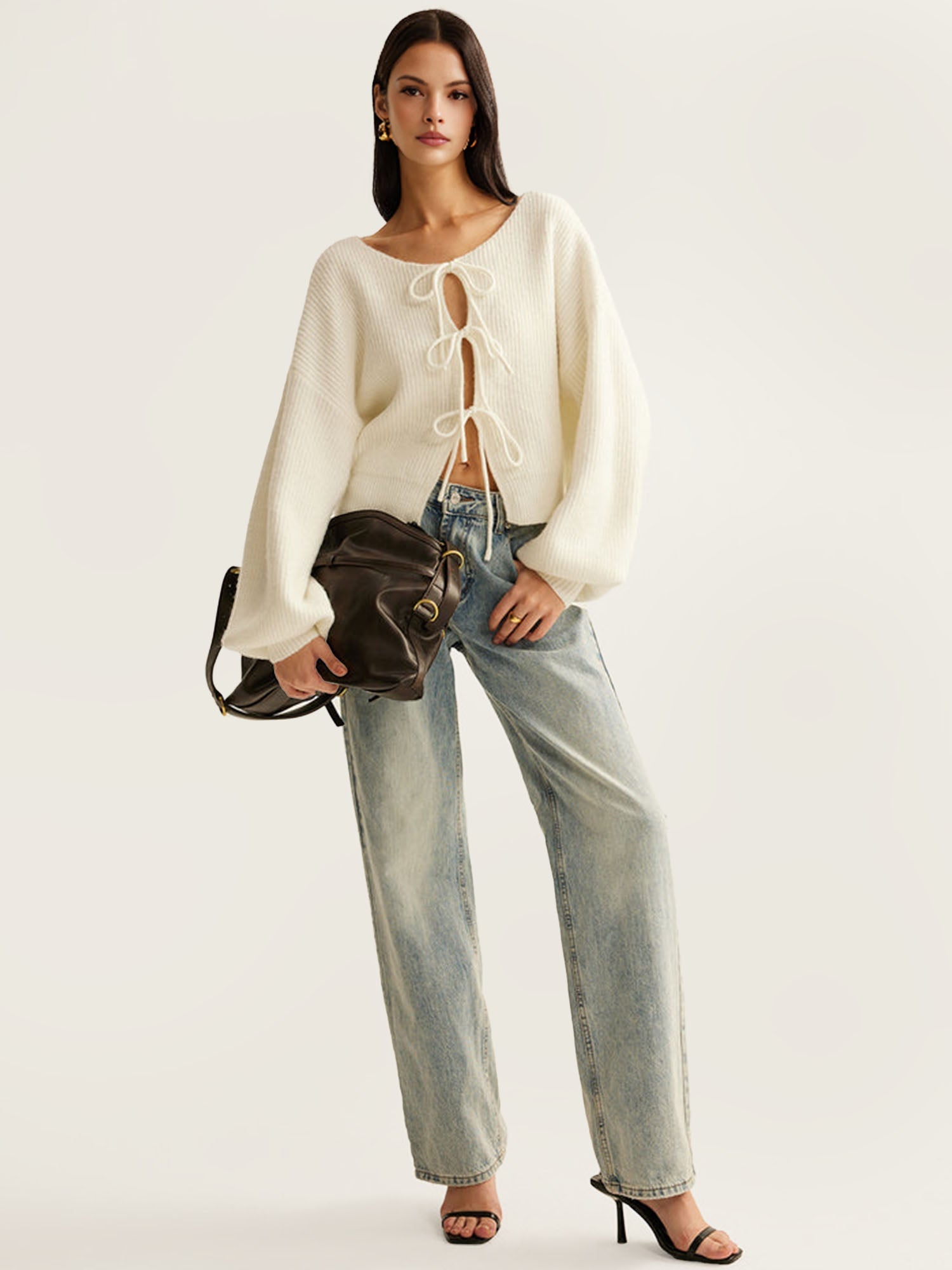 White Knit Sweater with Bow Details