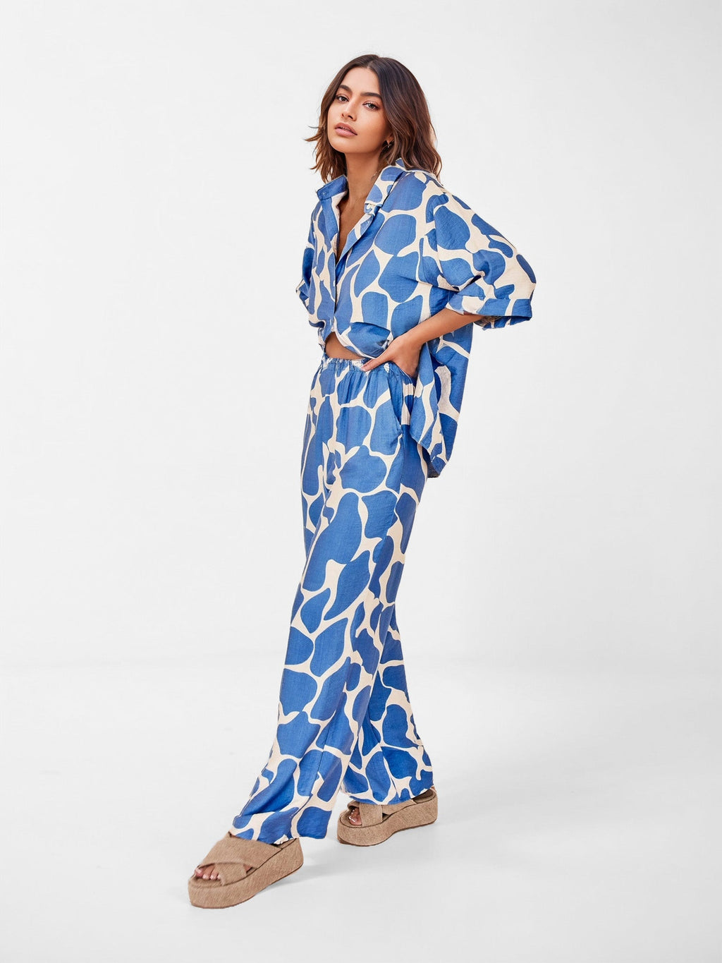 Ocean Wave Print Wide-Leg Pants