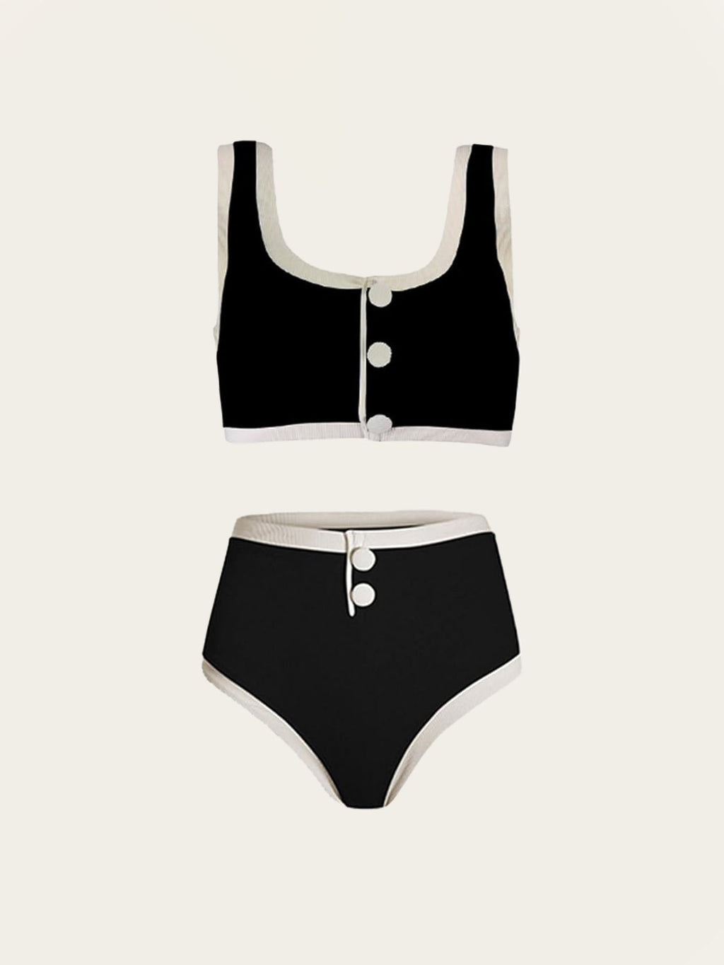 Black and White Two-Piece Bikini with Buttons