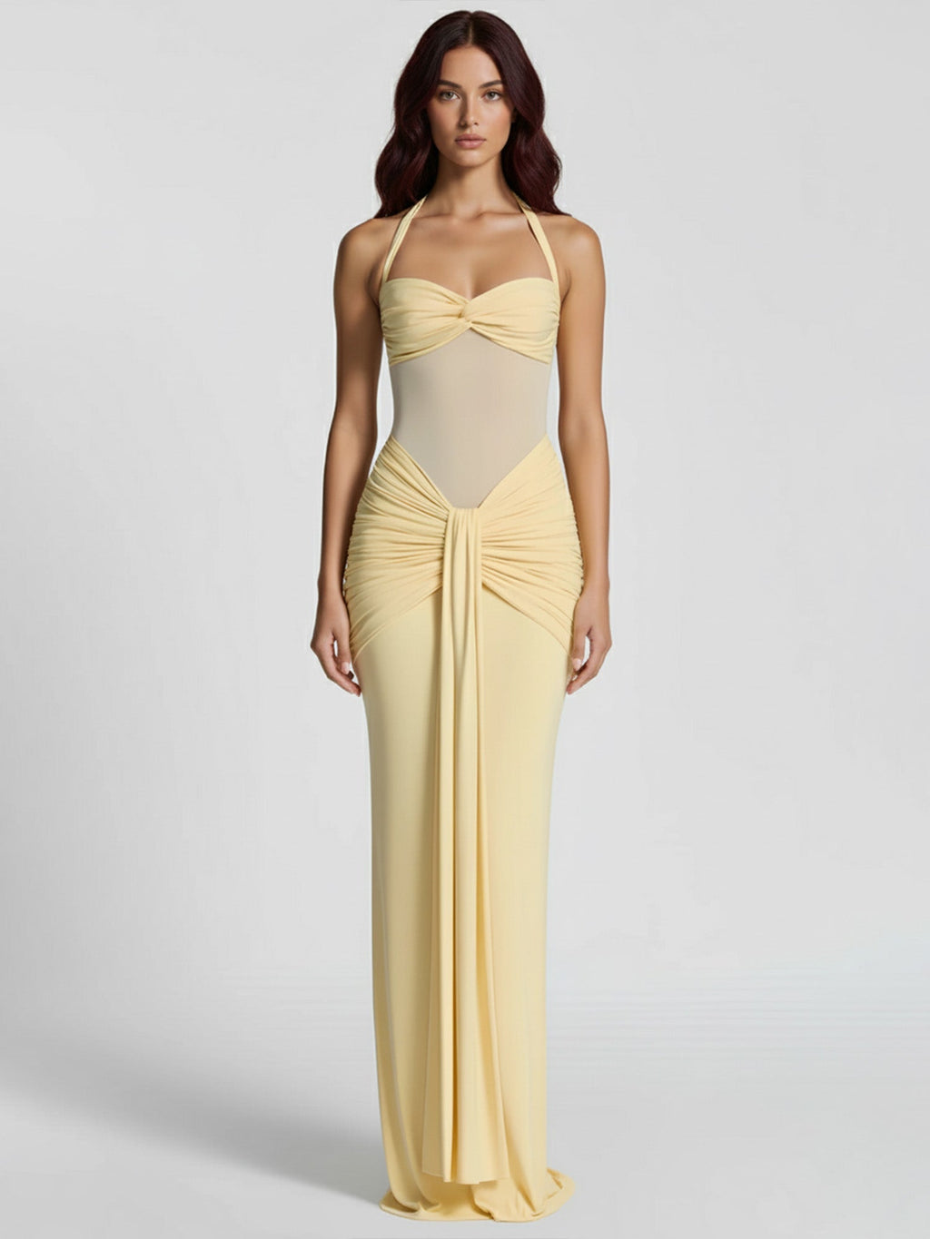 Yellow Draped Halter Maxi Dress Sheer Elegance