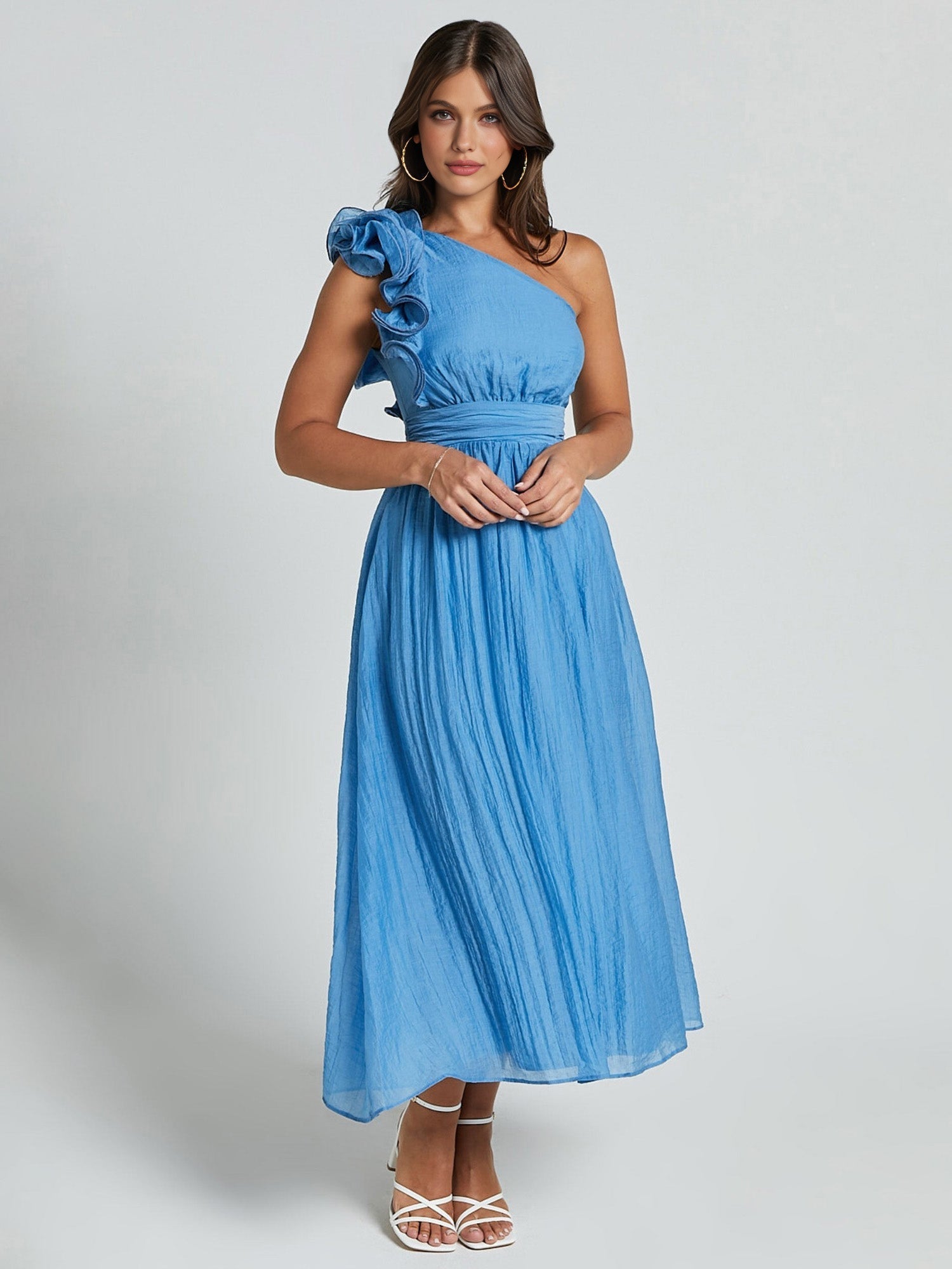 One-Shoulder Ruffle Accent Midi Dress