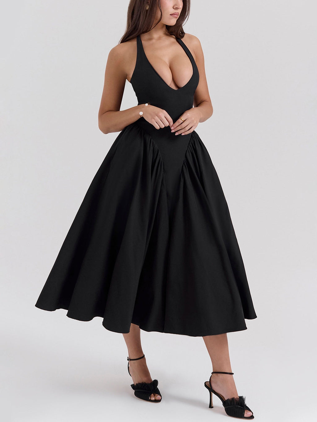 Pleated A-Line Halter Midi Dress