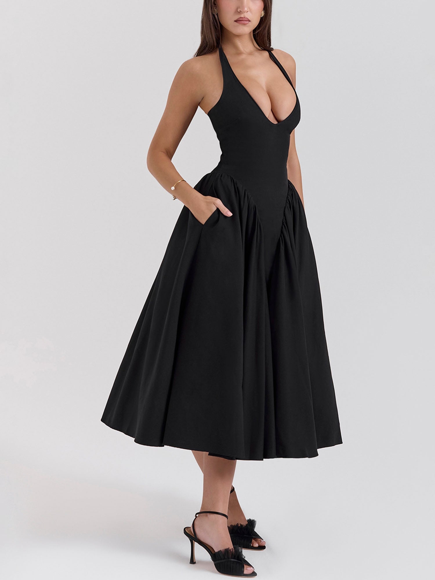 Pleated A-Line Halter Midi Dress