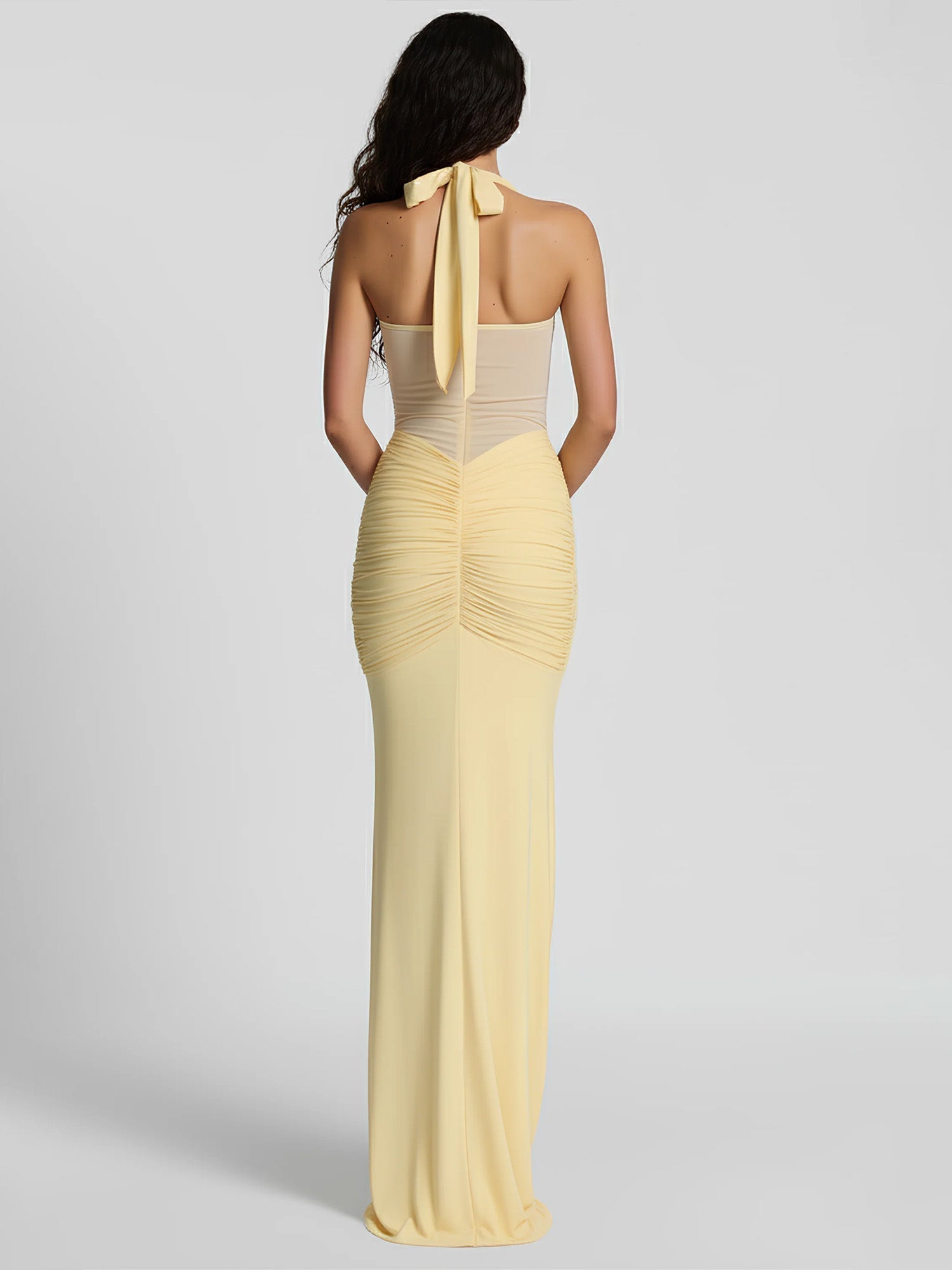 Yellow Draped Halter Maxi Dress Sheer Elegance