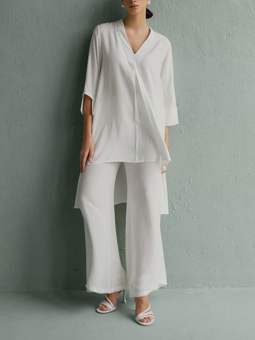 White High-Low Tunic Wide-Leg Pant Two-Piece Set