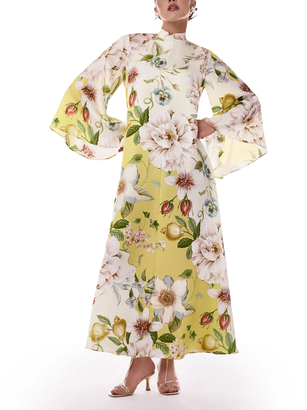 Yellow Floral Print High Neck Maxi Dress