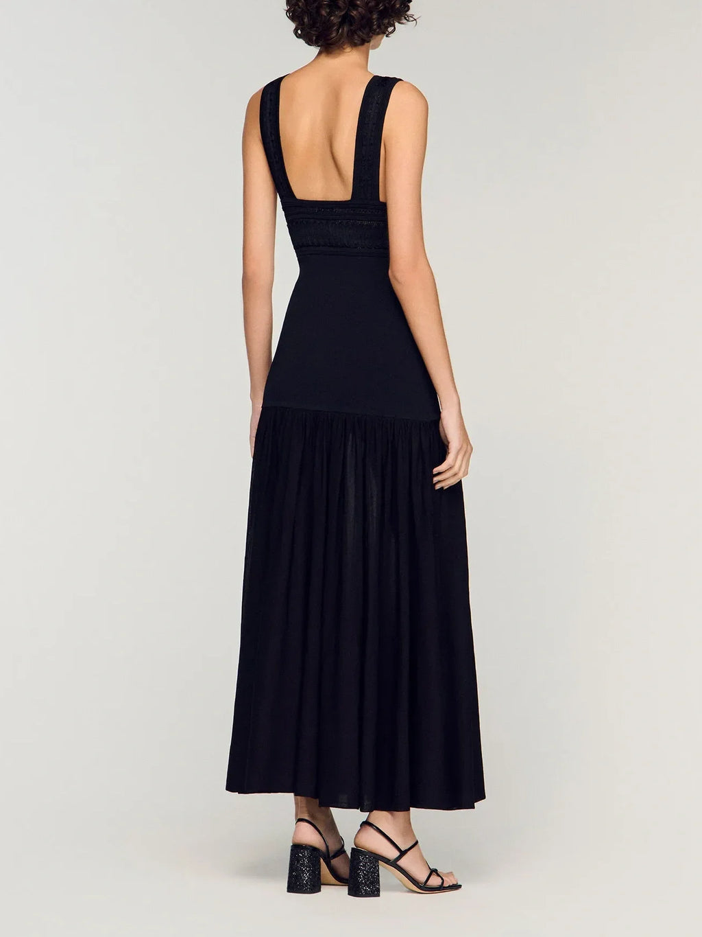 Contrast Lace Panel Black Maxi Dress
