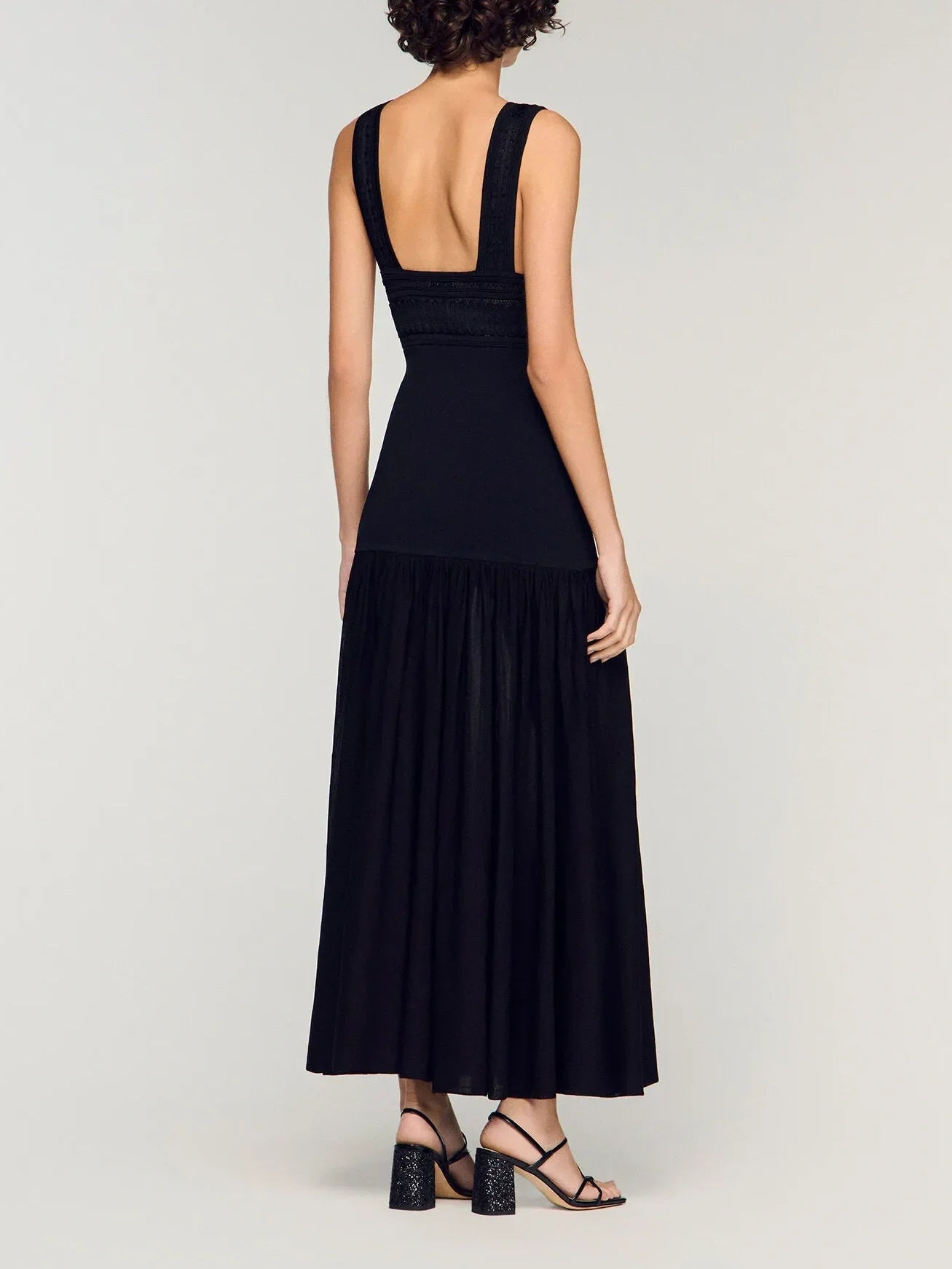 Contrast Lace Panel Black Maxi Dress