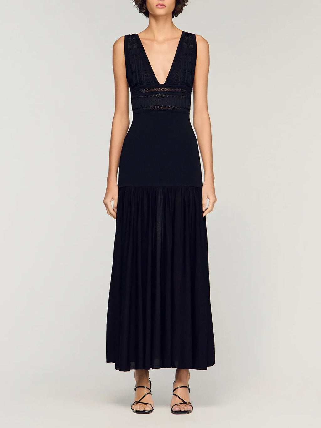 Contrast Lace Panel Black Maxi Dress