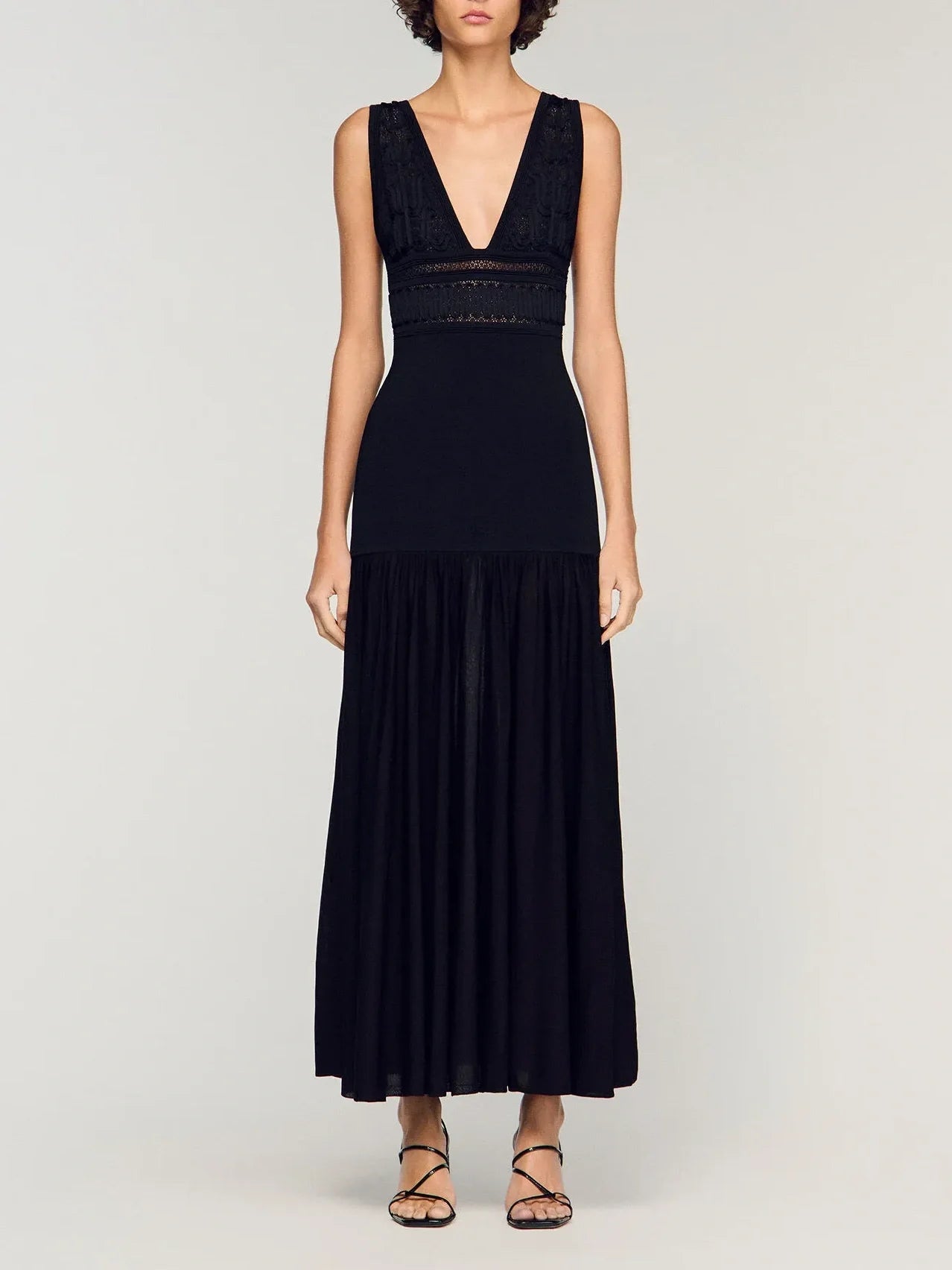 Contrast Lace Panel Black Maxi Dress