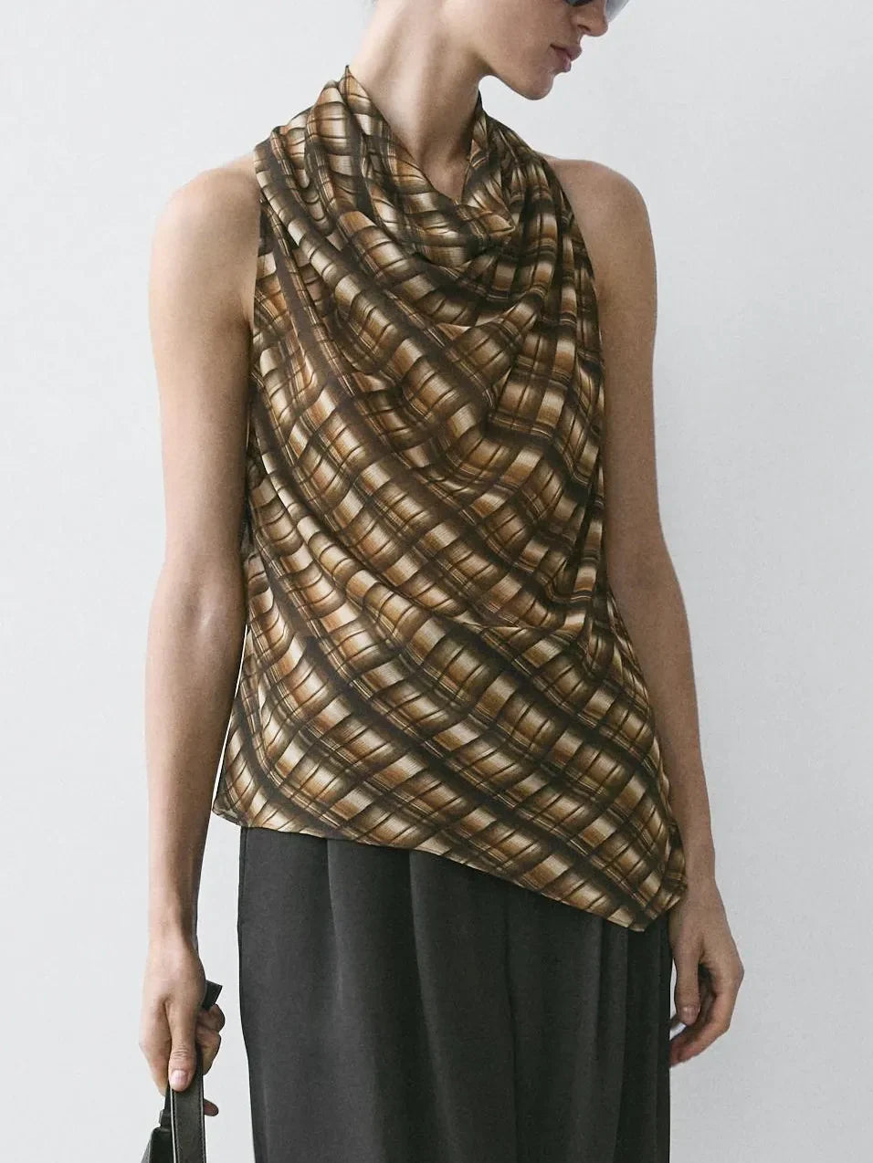 Brown Plaid Halter Top & Balloon Pants Two-Piece Set