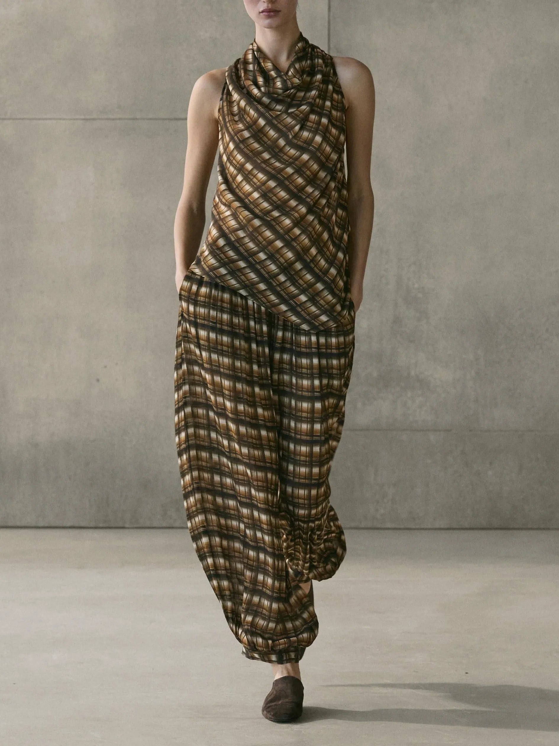 Brown Plaid Halter Top & Balloon Pants Two-Piece Set