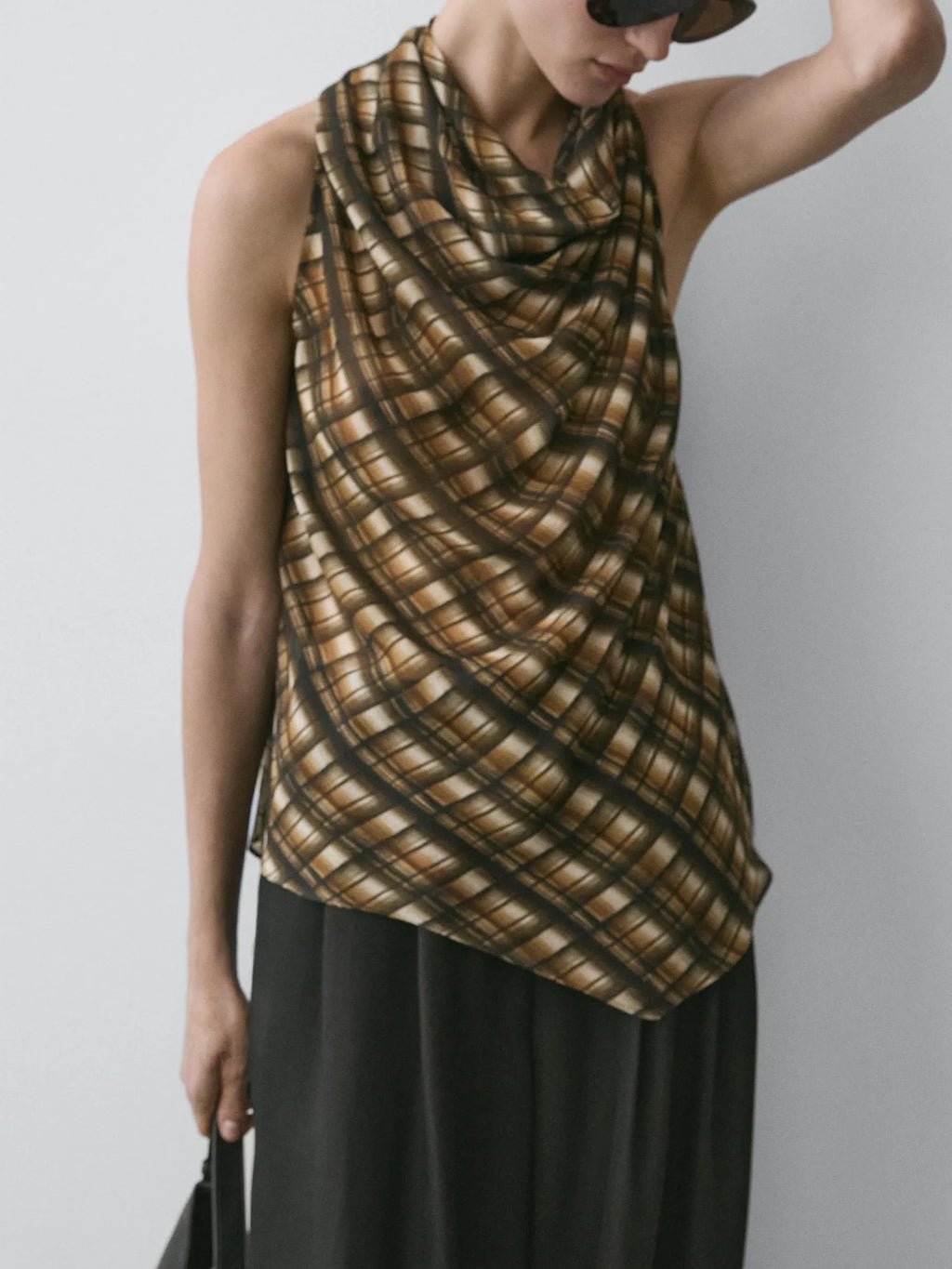 Brown Plaid Halter Top & Balloon Pants Two-Piece Set