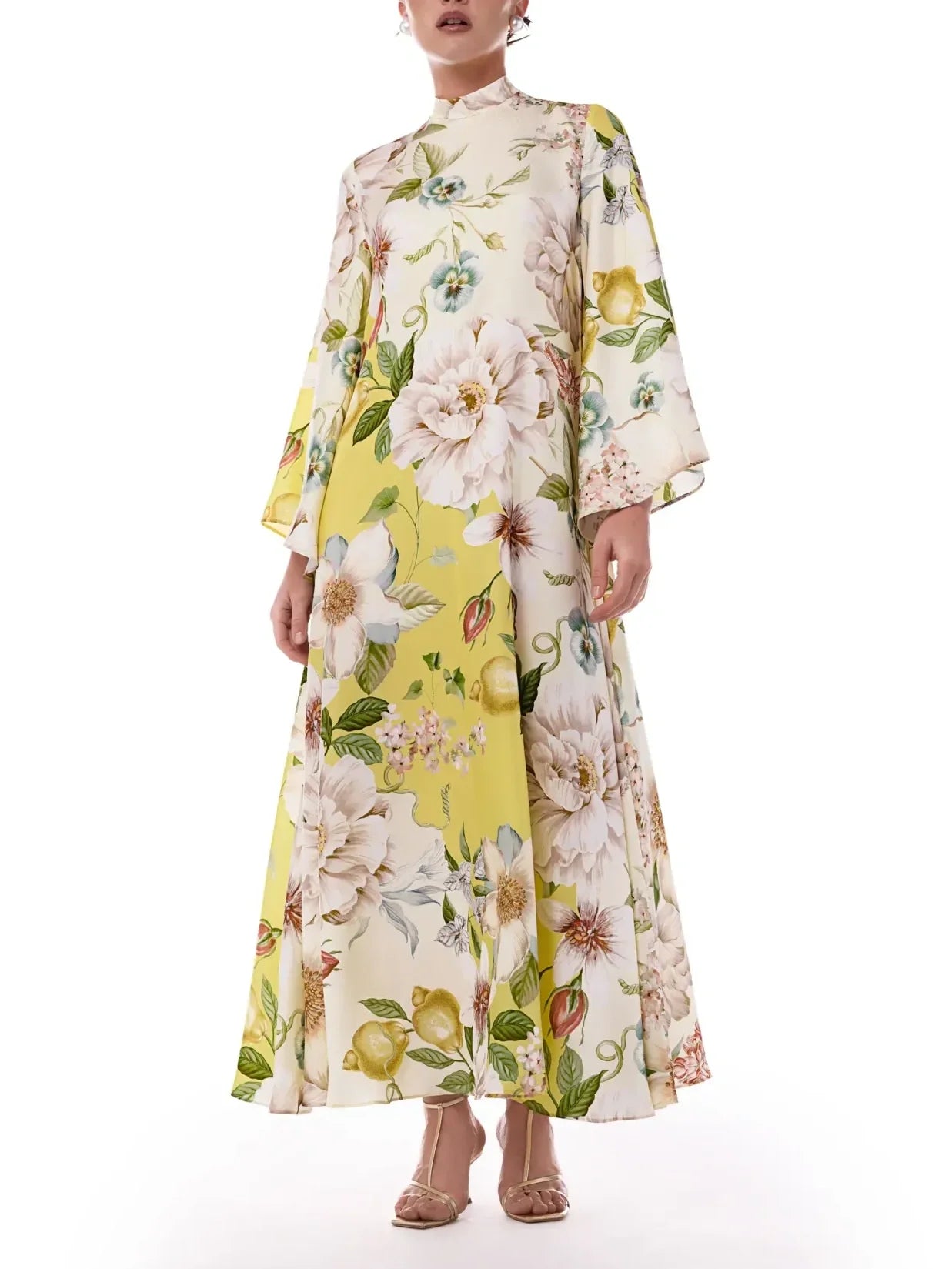 Yellow Floral Print High Neck Maxi Dress