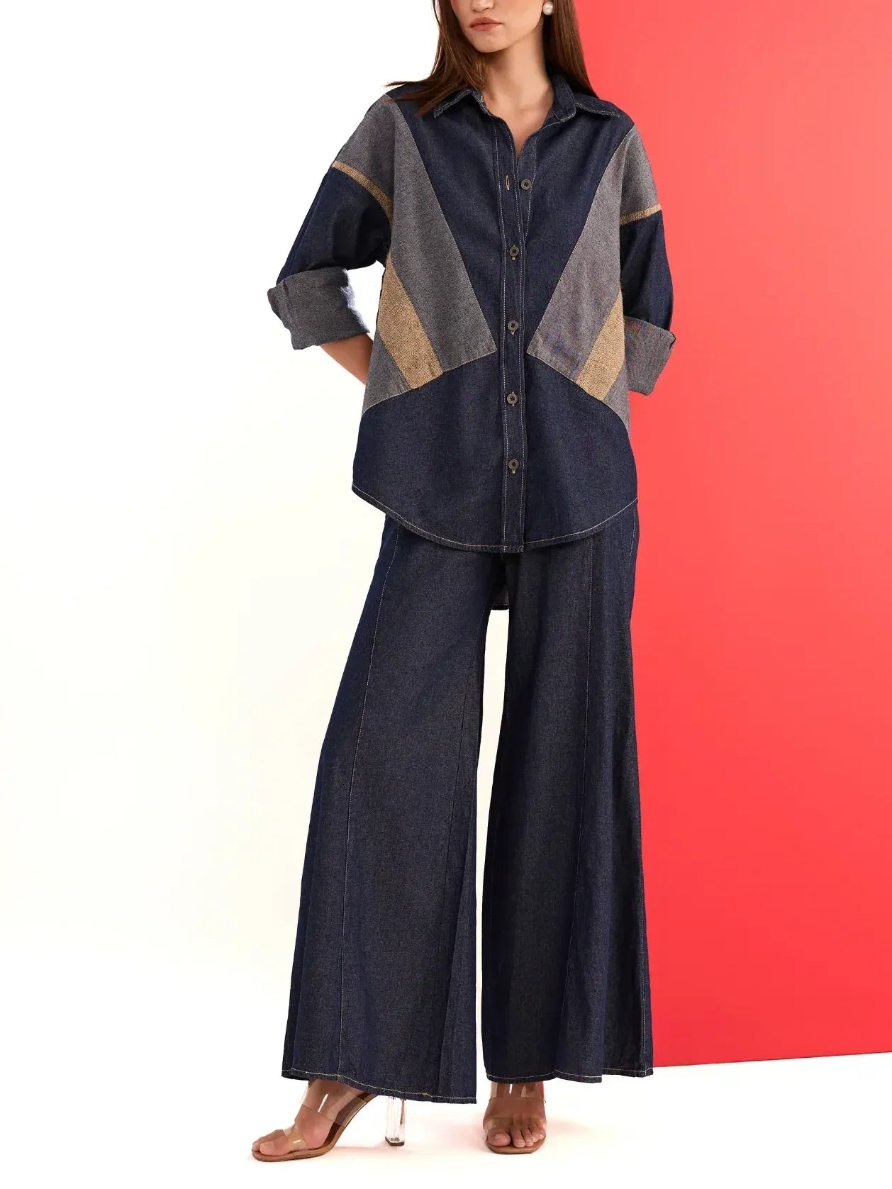 Patchwork Denim Shirt Wide-Leg Pant Two-Piece Set