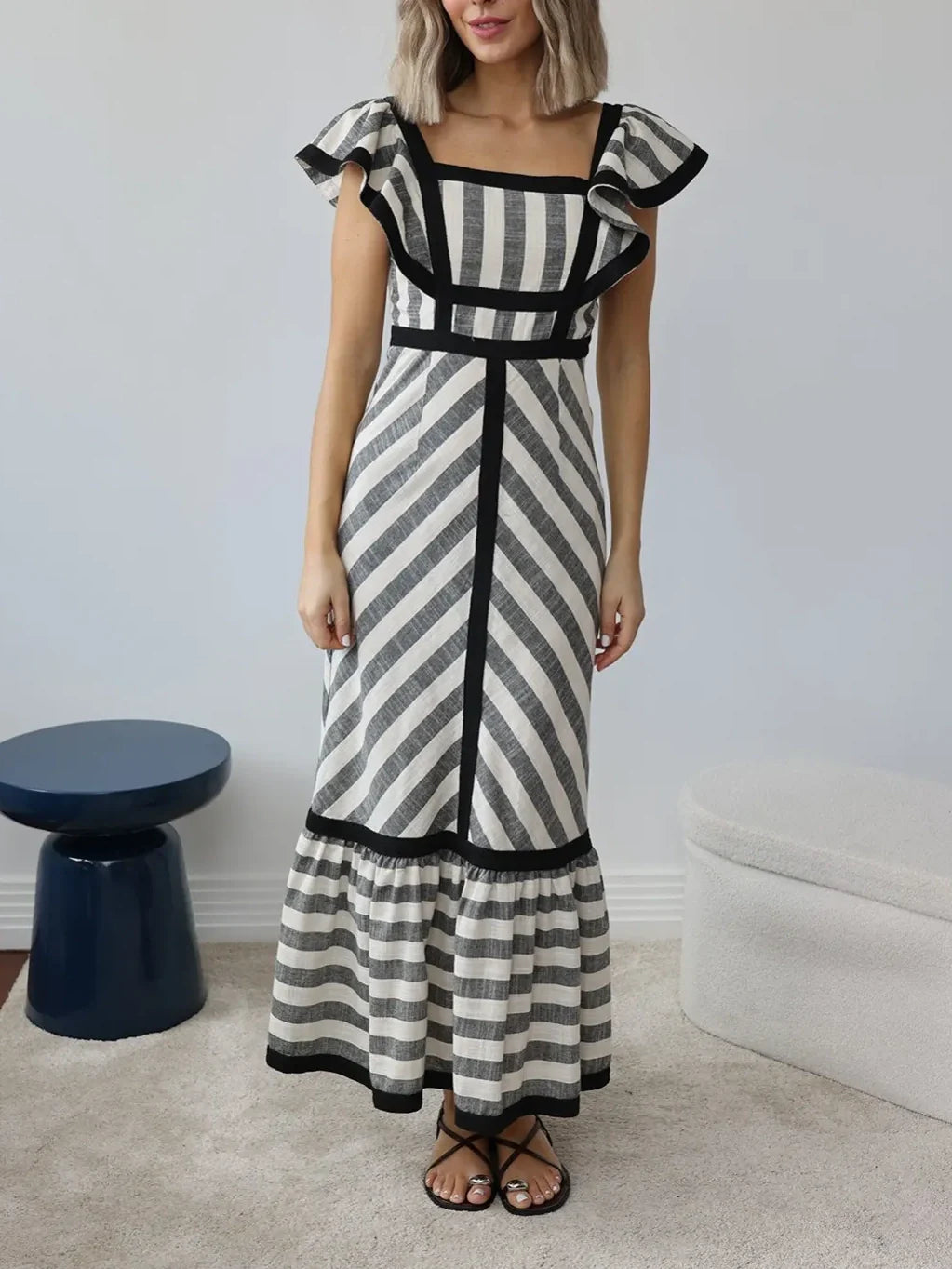 Mixed Stripe Square Neck Maxi Dress