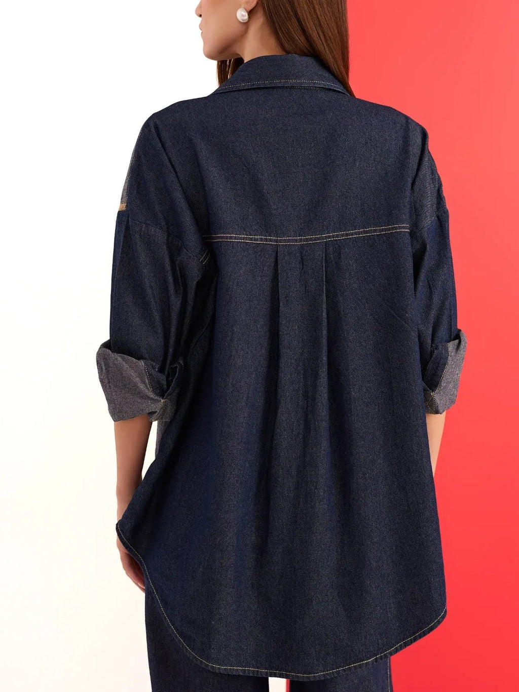 Patchwork Denim Shirt Wide-Leg Pant Two-Piece Set