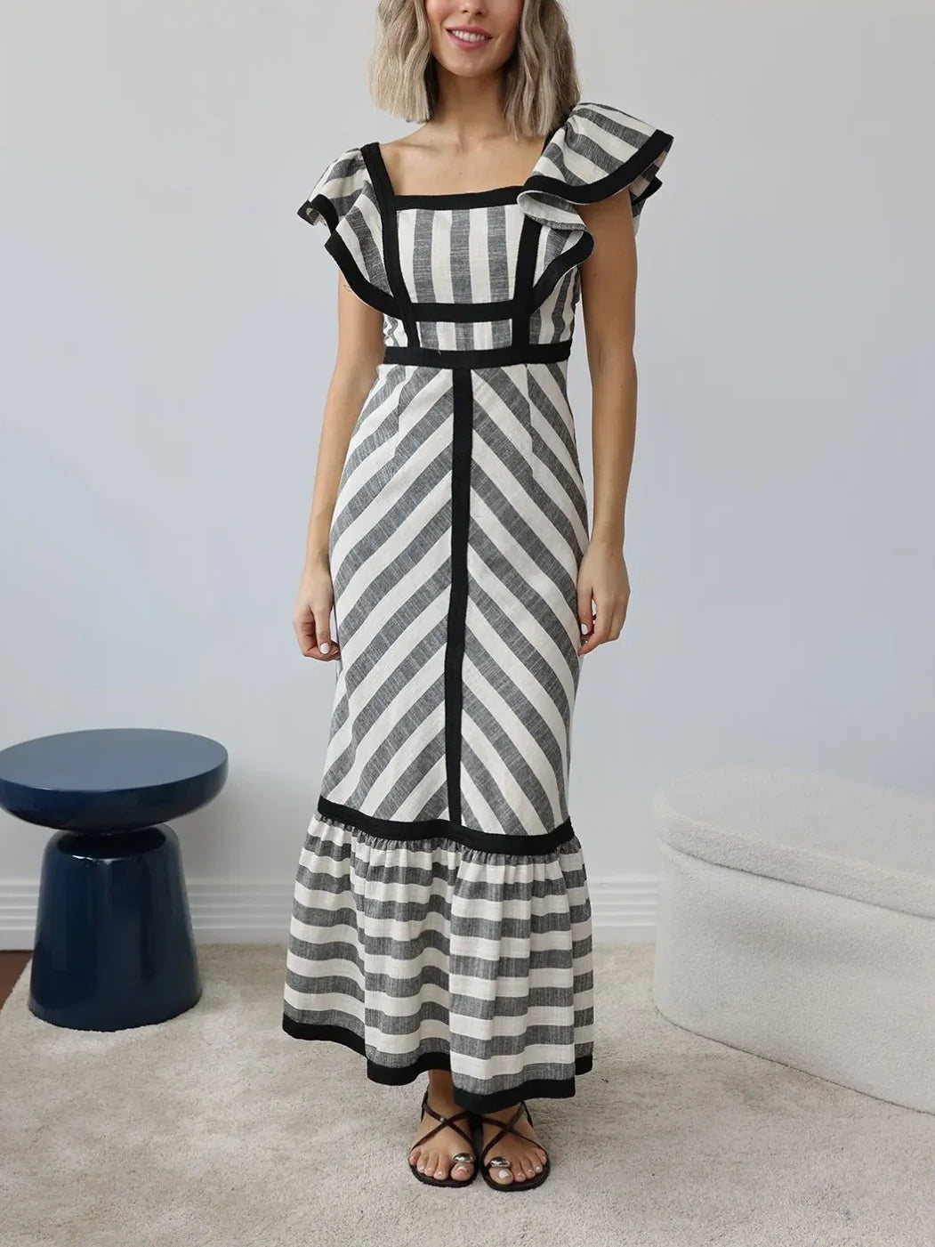 Mixed Stripe Square Neck Maxi Dress