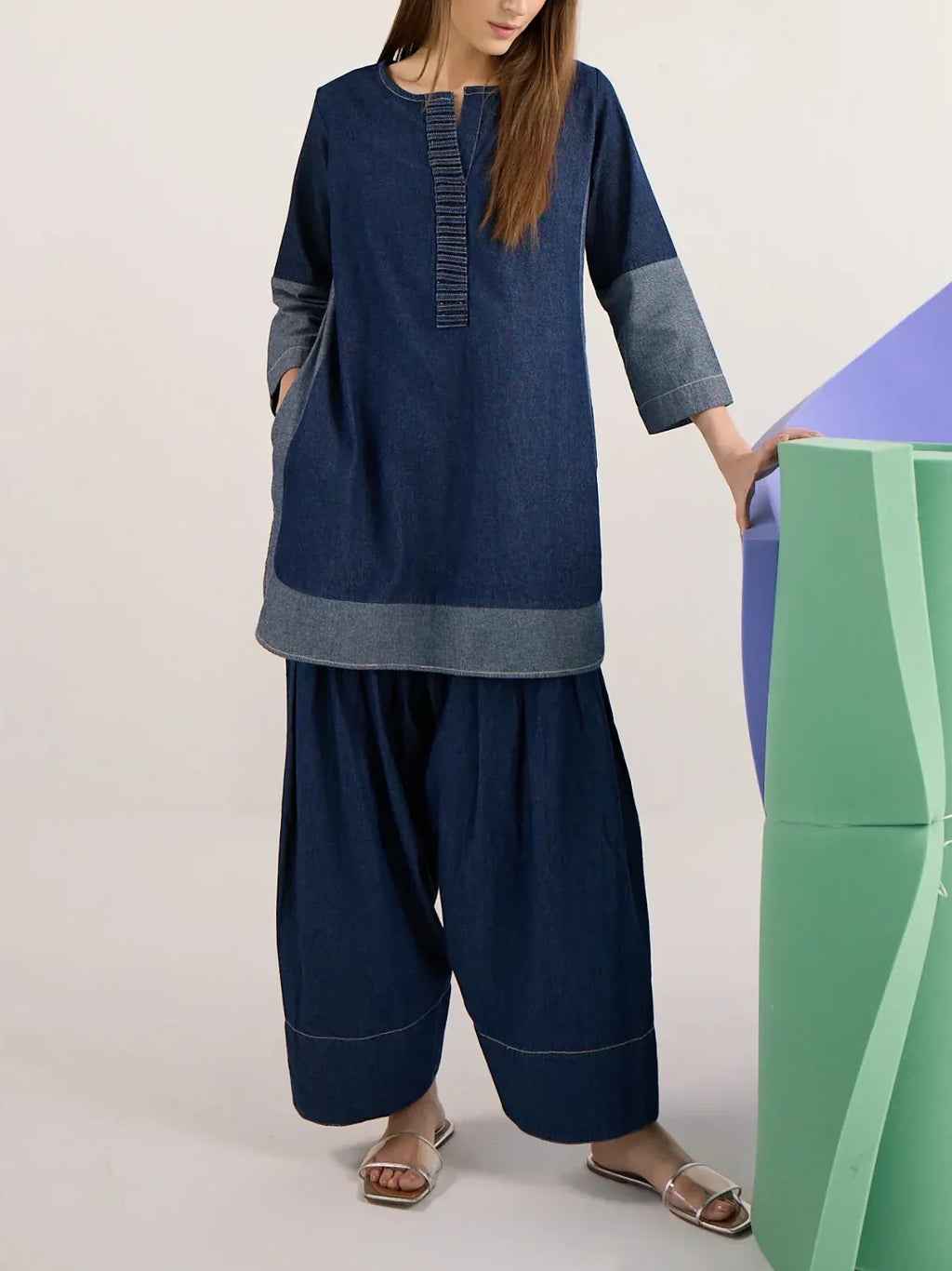 Color Block Denim Tunic Wide-Leg Pant Set