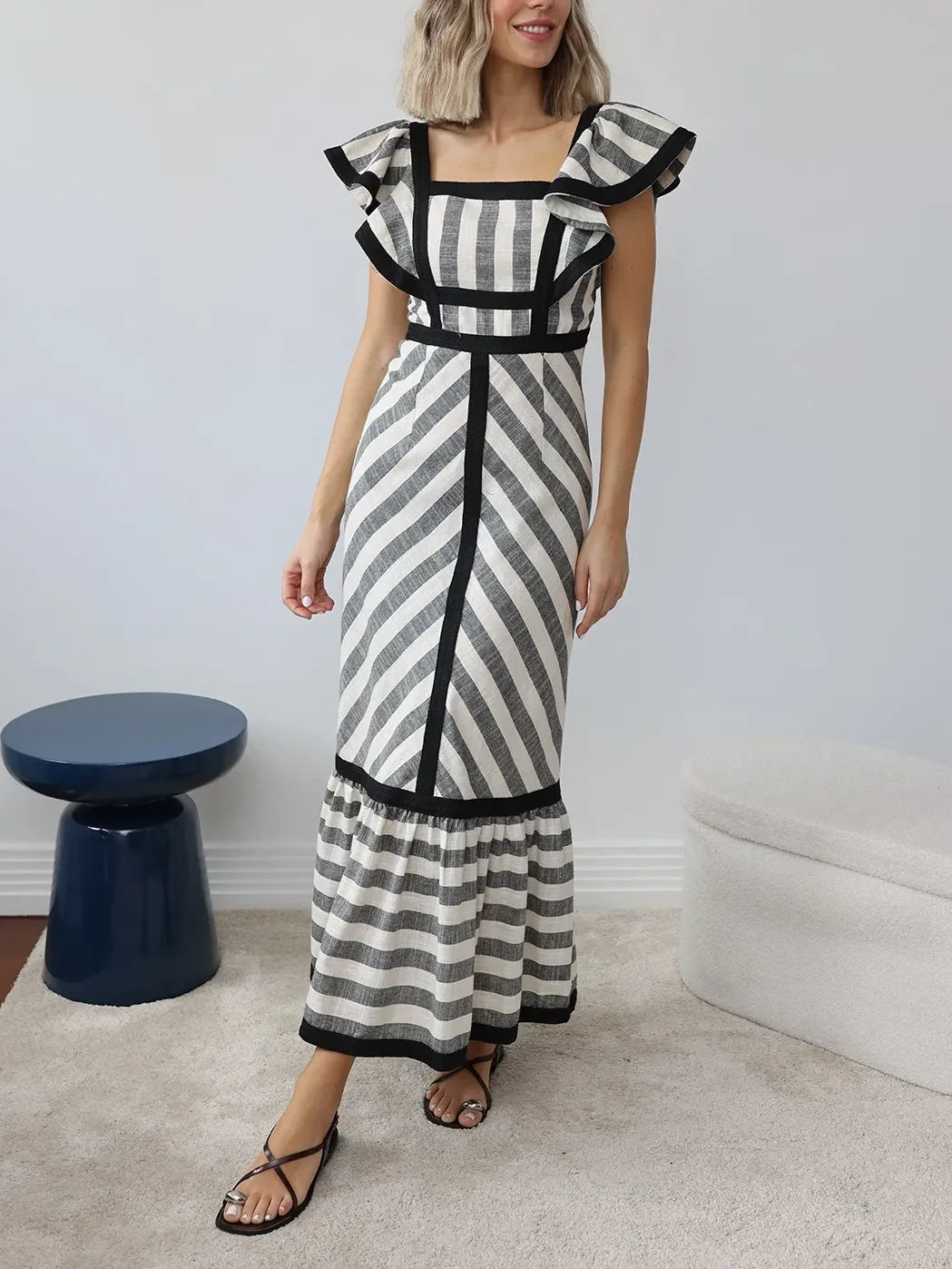 Mixed Stripe Square Neck Maxi Dress