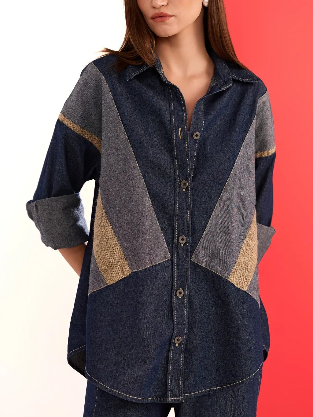 Patchwork Denim Shirt Wide-Leg Pant Two-Piece Set