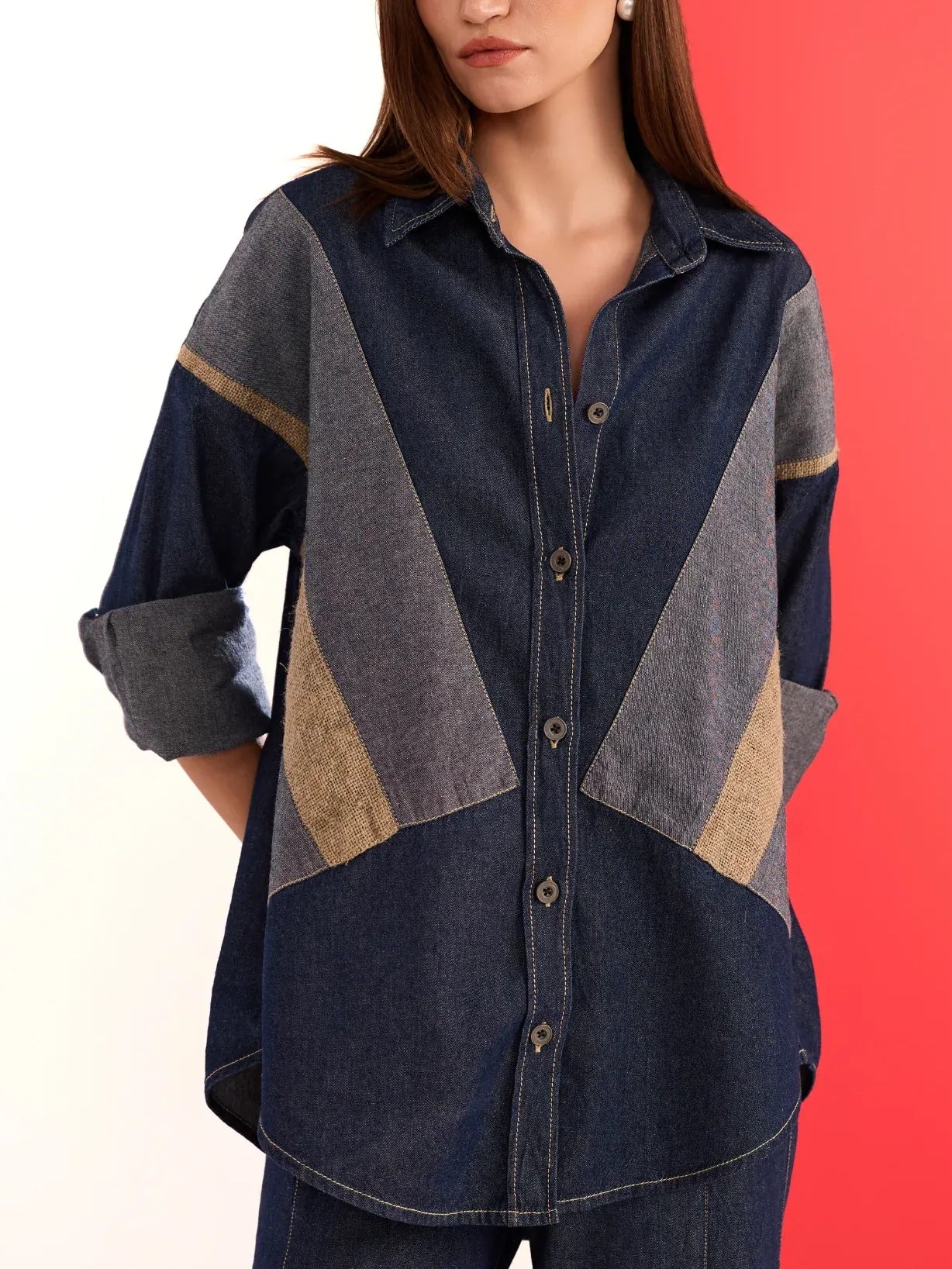 Patchwork Denim Shirt Wide-Leg Pant Two-Piece Set